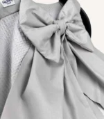 Gri dama pike puset örtüsü, fiyonklu, ortadan yırtmaçlı çıtçıtlı model, fırfırlı kenarlı, %100 pamuk bebek puset örtüsü