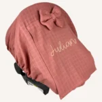 Gül kurusu müslin lastikli puset örtüsü, kapaklı tül pencereli, Doona uyumlu, mini fiyonk opsiyonlu, hafif bebek puset örtüsü