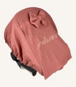 Gül kurusu müslin lastikli puset örtüsü, kapaklı tül pencereli, Doona uyumlu, mini fiyonk opsiyonlu, hafif bebek puset örtüsü