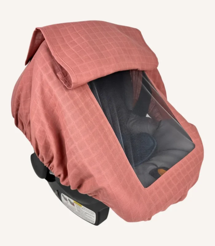 Gül kurusu müslin lastikli puset örtüsü, kapaklı tül pencereli, Doona uyumlu, mini fiyonk opsiyonlu, hafif bebek puset örtüsü