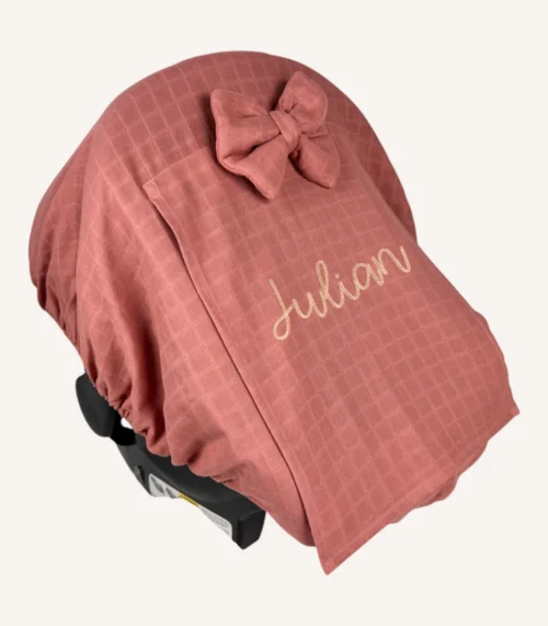 Gül kurusu müslin lastikli puset örtüsü, kapaklı tül pencereli, Doona uyumlu, mini fiyonk opsiyonlu, hafif bebek puset örtüsü