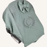 Haki müslin lastikli puset örtüsü, kapaklı tül pencereli, Doona uyumlu, mini fiyonk opsiyonlu, hafif bebek puset örtüsü