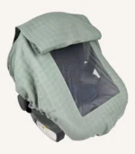 Haki müslin lastikli puset örtüsü, kapaklı tül pencereli, Doona uyumlu, mini fiyonk opsiyonlu, hafif bebek puset örtüsü