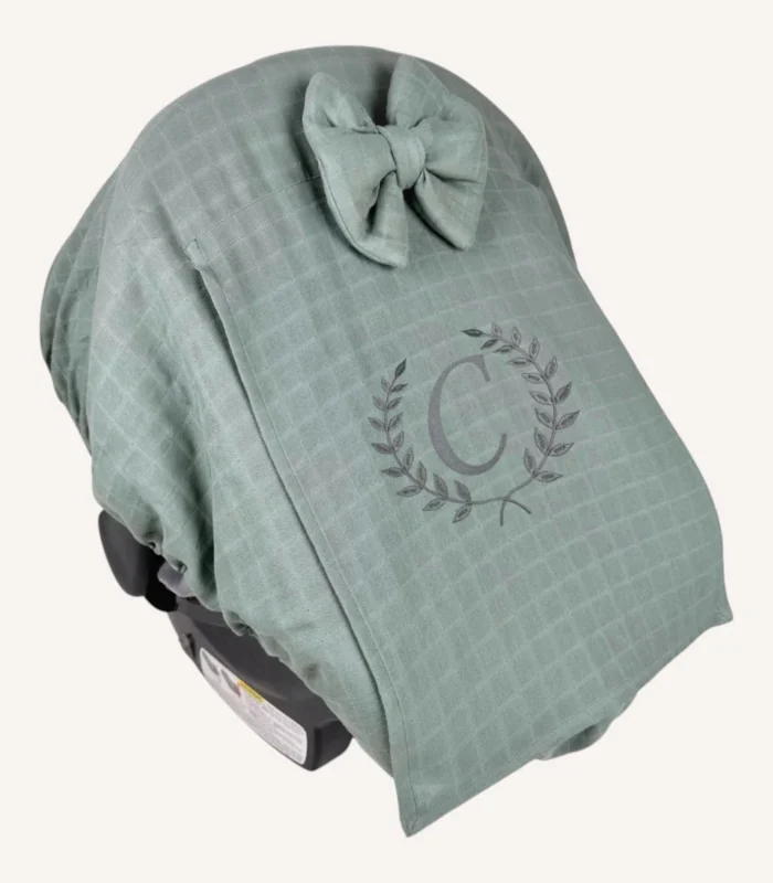 Haki müslin lastikli puset örtüsü, kapaklı tül pencereli, Doona uyumlu, mini fiyonk opsiyonlu, hafif bebek puset örtüsü