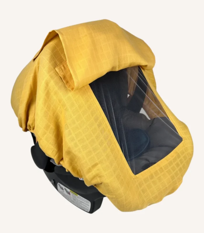 Hardal müslin lastikli puset örtüsü, kapaklı tül pencereli, Doona uyumlu, mini fiyonk opsiyonlu, hafif bebek puset örtüsü