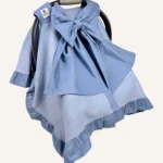 İndigo mavi dama pike puset örtüsü, fiyonklu, ortadan yırtmaçlı çıtçıtlı model, fırfırlı kenarlı, %100 pamuk bebek puset örtüsü