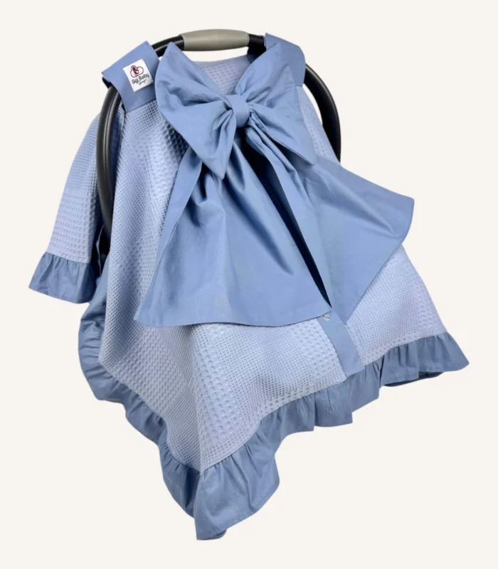 İndigo mavi dama pike puset örtüsü, fiyonklu, ortadan yırtmaçlı çıtçıtlı model, fırfırlı kenarlı, %100 pamuk bebek puset örtüsü