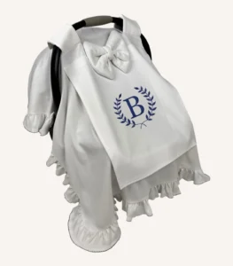 Ekru organik pamuk interlok, kroşe detaylı fırfırlı sade kapaklı puset örtüsü