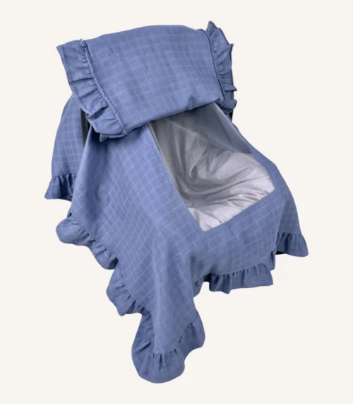 İndigo mavi müslin kapaklı puset örtüsü, tek kat, fırfırlı, tül pencereli, hafif yazlık bebek puset örtüsü