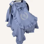 İndigo mavi müslin kapaklı puset örtüsü, tek kat, fırfırlı, tül pencereli, hafif yazlık bebek puset örtüsü