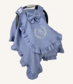 İndigo mavi müslin kapaklı puset örtüsü, tek kat, fırfırlı, tül pencereli, hafif yazlık bebek puset örtüsü