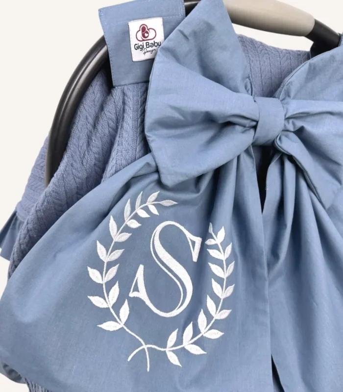 İndigo mavi örgü pike puset örtüsü, fiyonklu, ortadan yırtmaçlı çıtçıtlı model, fırfırlı kenarlı, %100 pamuk bebek puset örtüsü