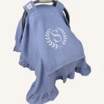 İndigo mavi müslin puset örtüsü, tek kat, fırfırlı, tül pencereli, hafif yazlık bebek puset örtüsü