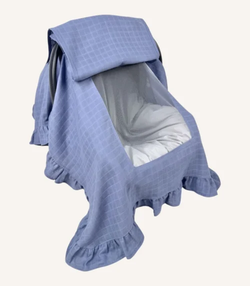 İndigo mavi müslin puset örtüsü, tek kat, fırfırlı, tül pencereli, hafif yazlık bebek puset örtüsü