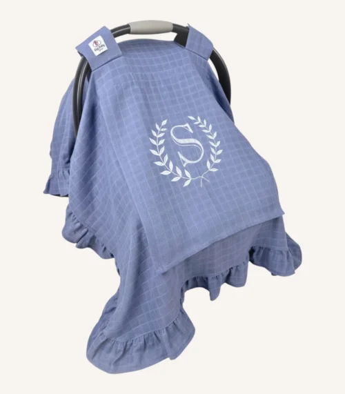 İndigo mavi müslin puset örtüsü, tek kat, fırfırlı, tül pencereli, hafif yazlık bebek puset örtüsü