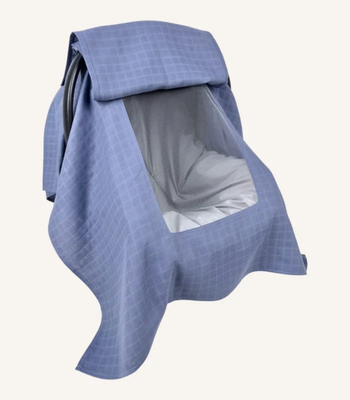 İndigo mavi müslin puset örtüsü, tek kat, kapaklı, tül pencereli, sade tasarımlı, hafif yazlık bebek puset örtüsü