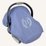 İndigo mavi müslin lastikli puset örtüsü, kapaklı tül pencereli, Doona uyumlu, mini fiyonk opsiyonlu, hafif bebek puset örtüsü