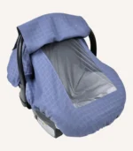 İndigo mavi müslin lastikli puset örtüsü, kapaklı tül pencereli, Doona uyumlu, mini fiyonk opsiyonlu, hafif bebek puset örtüsü
