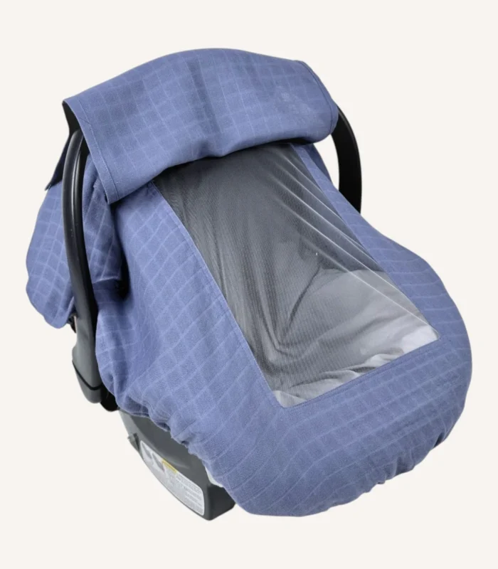 İndigo mavi müslin lastikli puset örtüsü, kapaklı tül pencereli, Doona uyumlu, mini fiyonk opsiyonlu, hafif bebek puset örtüsü