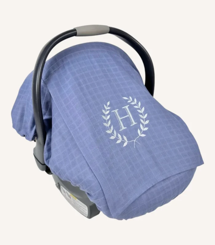 İndigo mavi müslin lastikli puset örtüsü, kapaklı tül pencereli, Doona uyumlu, mini fiyonk opsiyonlu, hafif bebek puset örtüsü