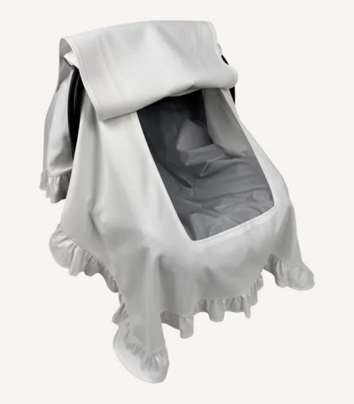 Ekru organik pamuk interlok, kenarları fırfırlı sade kapaklı puset örtüsü