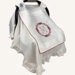 Ekru pamuk saten, kroşe detaylı, fırfırlı zarif kapaklı puset örtüsü