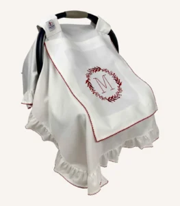 Ekru pamuk saten, kroşe detaylı, fırfırlı zarif kapaklı puset örtüsü