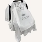 Ekru organik pamuk interlok, kroşe detaylı fırfırlı kapaklı puset örtüsü