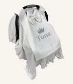 Ekru organik pamuk interlok, kroşe detaylı fırfırlı kapaklı puset örtüsü