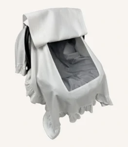 Ekru organik pamuk interlok, kroşe detaylı fırfırlı kapaklı puset örtüsü