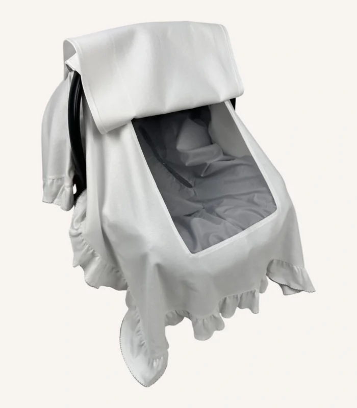 Ekru organik pamuk interlok, kroşe detaylı fırfırlı kapaklı puset örtüsü