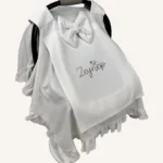 Ekru organik pamuk interlok, kroşe detaylı fırfırlı sade kapaklı puset örtüsü