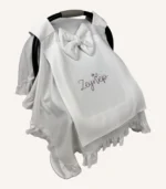 Ekru organik pamuk interlok, kroşe detaylı fırfırlı sade kapaklı puset örtüsü