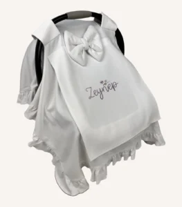 Ekru organik pamuk interlok, kroşe detaylı fırfırlı sade kapaklı puset örtüsü