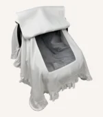 Ekru organik pamuk interlok, kroşe detaylı fırfırlı sade kapaklı puset örtüsü