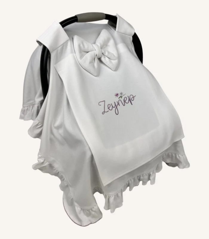 Ekru organik pamuk interlok, kroşe detaylı fırfırlı sade kapaklı puset örtüsü