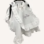 Ekru pamuk saten, kroşe detaylı, çift fırfırlı premium kapaklı puset örtüsü