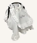 Ekru pamuk saten, kroşe detaylı, çift fırfırlı premium kapaklı puset örtüsü