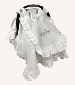 Ekru pamuk saten, kroşe detaylı, çift fırfırlı premium kapaklı puset örtüsü