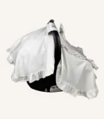 Ekru pamuk saten, kroşe detaylı, çift fırfırlı premium kapaklı puset örtüsü