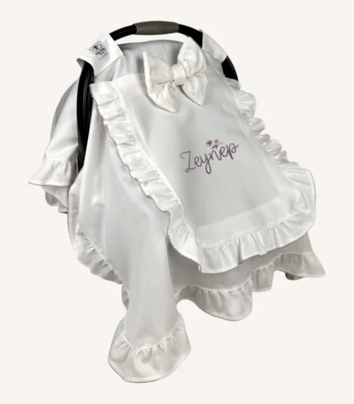 Ekru pamuk saten, kroşe detaylı, çift fırfırlı premium kapaklı puset örtüsü