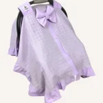 Lila müslin puset örtüsü, mini fiyonklu, ortadan yırtmaçlı çıtçıtlı model, akfil fırfırlı, tek kat hafif yazlık bebek puset örtüsü