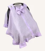 Lila müslin puset örtüsü, mini fiyonklu, ortadan yırtmaçlı çıtçıtlı model, akfil fırfırlı, tek kat hafif yazlık bebek puset örtüsü