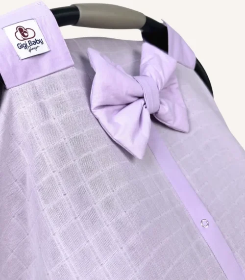 Lila müslin puset örtüsü, mini fiyonklu, ortadan yırtmaçlı çıtçıtlı model, akfil fırfırlı, tek kat hafif yazlık bebek puset örtüsü