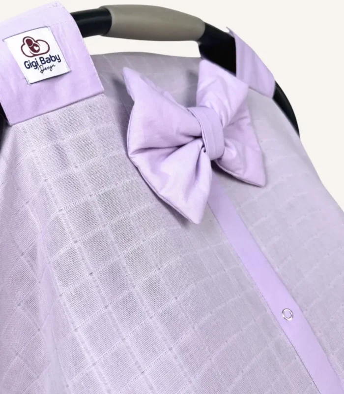 Lila müslin puset örtüsü, mini fiyonklu, ortadan yırtmaçlı çıtçıtlı model, akfil fırfırlı, tek kat hafif yazlık bebek puset örtüsü