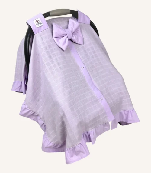 Lila müslin puset örtüsü, mini fiyonklu, ortadan yırtmaçlı çıtçıtlı model, akfil fırfırlı, tek kat hafif yazlık bebek puset örtüsü