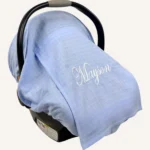 Mavi müslin lastikli puset örtüsü, kapaklı tül pencereli, Doona uyumlu, mini fiyonk opsiyonlu, hafif bebek puset örtüsü