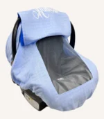 Mavi müslin lastikli puset örtüsü, kapaklı tül pencereli, Doona uyumlu, mini fiyonk opsiyonlu, hafif bebek puset örtüsü