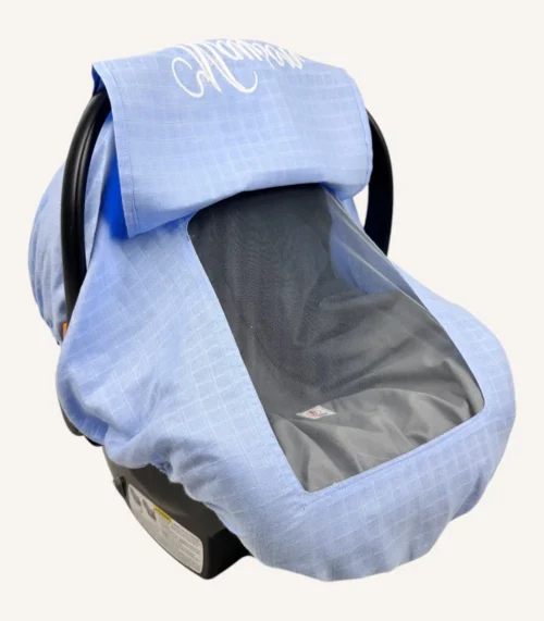 Mavi müslin lastikli puset örtüsü, kapaklı tül pencereli, Doona uyumlu, mini fiyonk opsiyonlu, hafif bebek puset örtüsü