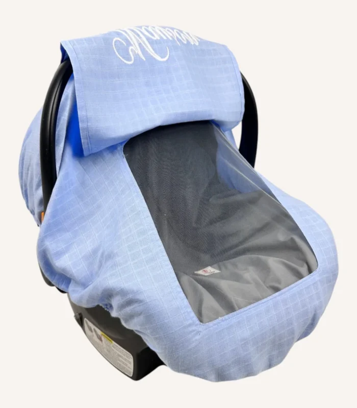 Mavi müslin lastikli puset örtüsü, kapaklı tül pencereli, Doona uyumlu, mini fiyonk opsiyonlu, hafif bebek puset örtüsü